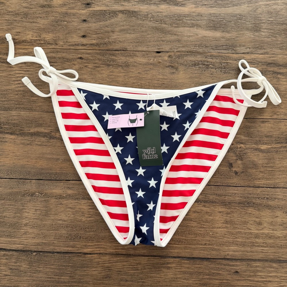 Wild Fable American Flag Reversible Bikini Bottom Stars Stripes L 12-14 NEW